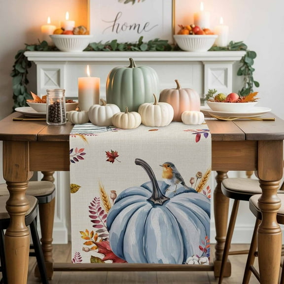 Table Runner Dresser Scarves 70 Inch Long,Fall Thanksgiving Pumpkin Leaves Linen Dining Table Runners Farm Plant Bird on Linen Tabletop Scarf for Wedding Holiday Party Kitchen