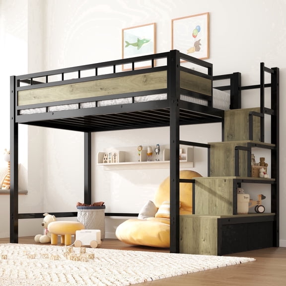 Holaki Twin Size Loft Bed with Stairs, Metal Loft Bed with Built-in Storage Stairs & 53.5" Under-Bed Space for Teens, Small Space for Bedroom Dorm Apartment, No Box Spring, Black