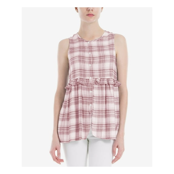 MAX STUDIO Womens Red Ruffled Plaid Sleeveless Scoop Neck Button Up Top Size: S