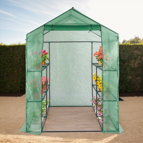 Large Walk-in Greenhouse, 143x143x195cm with 8 Shelves & PE Cover