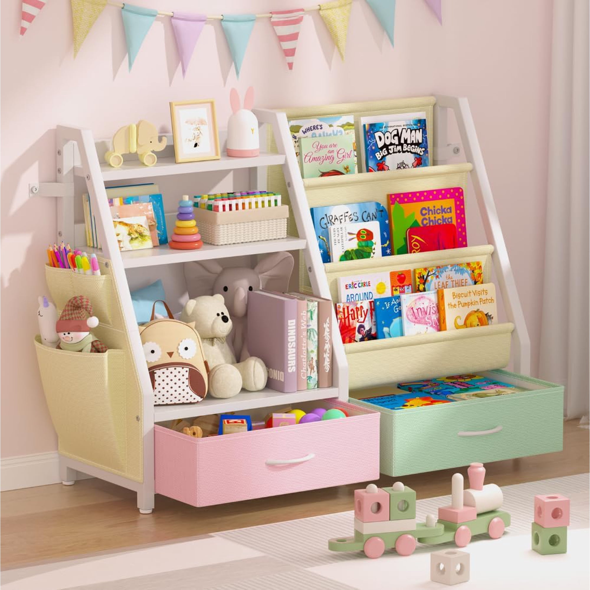 Kids Bookshelf and Toy Storage, Sturdy 3 Tier Kids Bookcase, Sling Bookshelf and 2 Toy Boxes, Toddler Montessori Bookshelf with Toy Organizer, for Kids Room, Game Room, Nursery