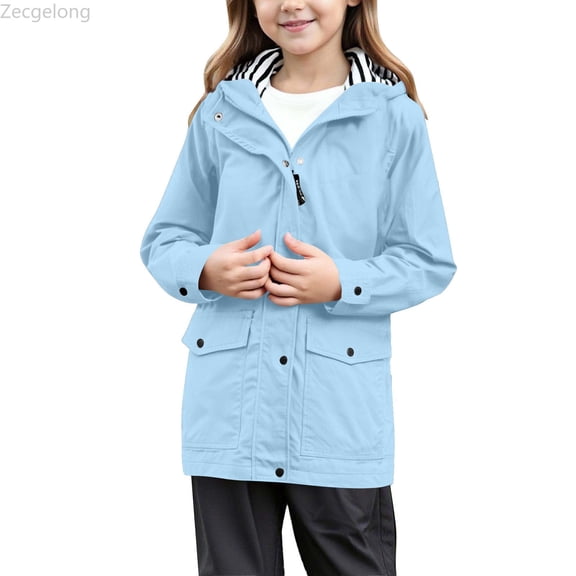 Zecgelong Girls Hooded Jacket For Kids – Lightweight Raincoat For Little Girls Windproof Outdoor Coat With Snap Closure And Attached Hood
