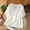 thumbnail image 2 of Women's Short Sleeve V Neck Linen Top Shirts Blouses with Embroidered Hollow Out Details Solid Color Casual Work Vacation Outfits Fashion Essential Gift for Women | Aestivo,White L, 2 of 9