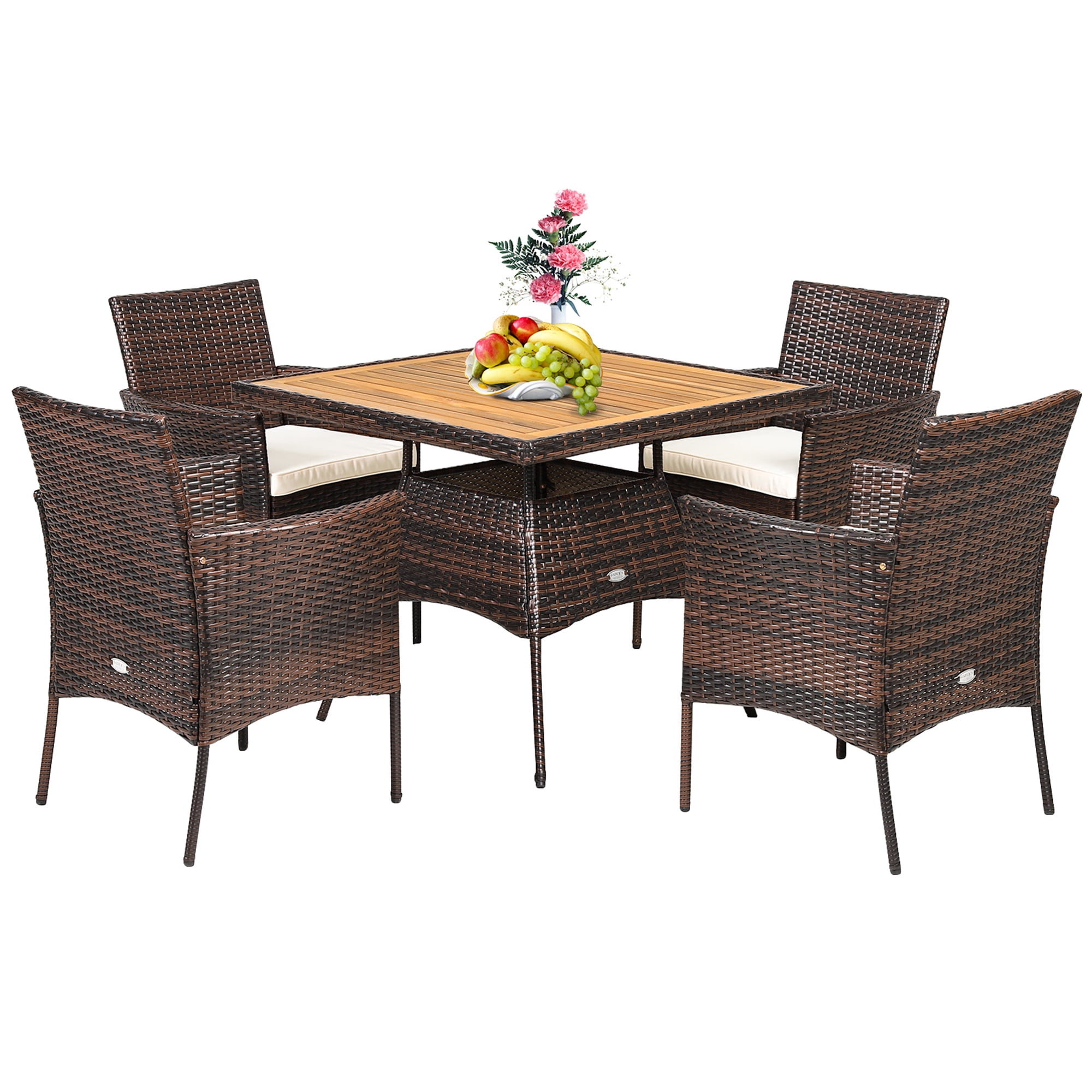 Gymax 5PCS Patio Dining Table & Chair Set Outdoor Furniture Set w/ 4 Seat Cushions