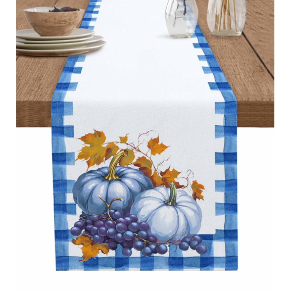 Ldtrchee Fall Blue Pumpkins Table Runner 48 Inches, Watercolor Blue Plaid Thanksgiving Bed Runner Dresser Scarves Tabletop for Indoor Outdoor Parties/Ceremony/Banquet, 13" x 48"