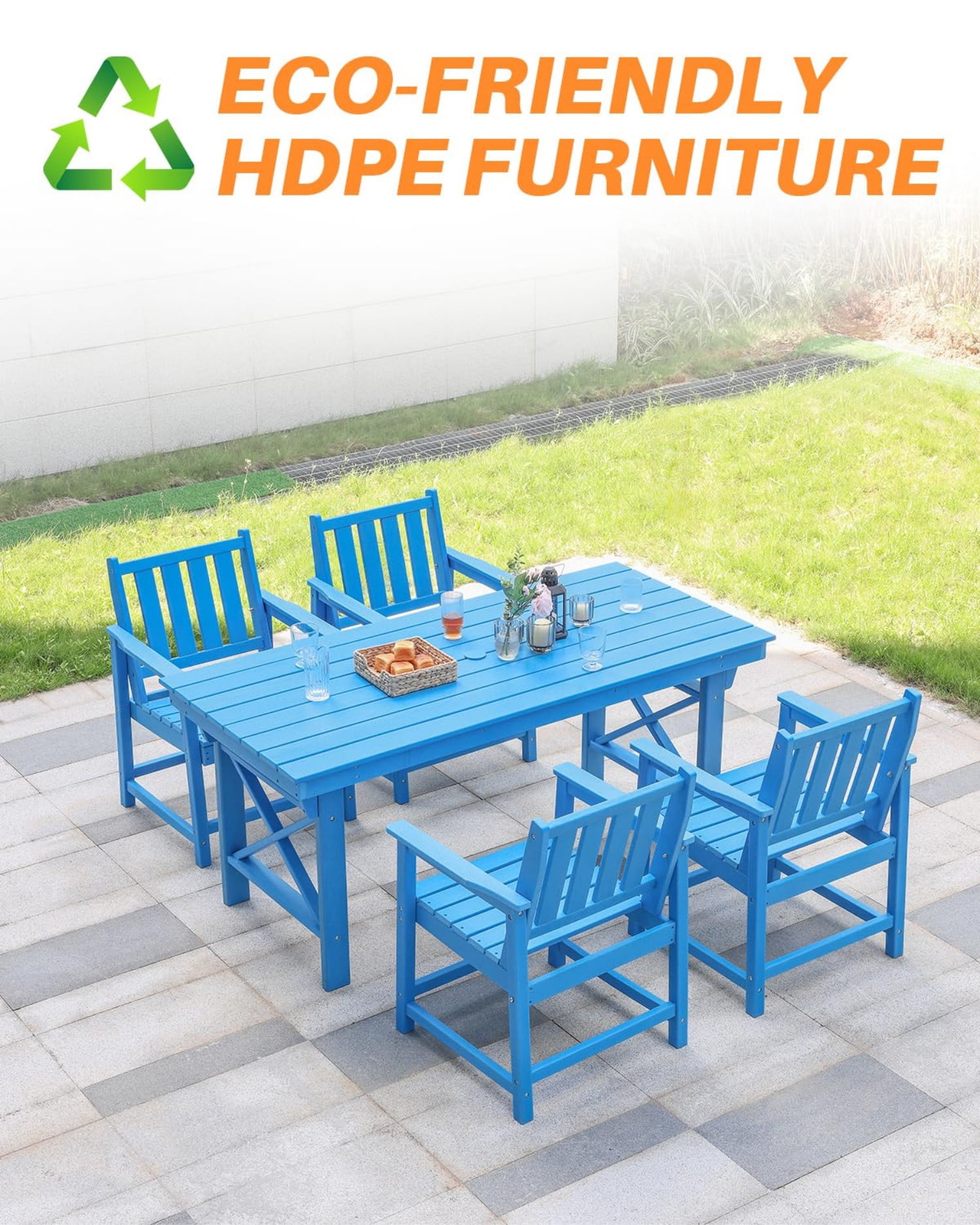 HDPE Dining Chair Set of 4, All Weather Outdoor Dining Chairs with Ergonomic Backrest, Heavy Duty Patio Chairs for Backyard, Garden, Poolside, Deck, Sky Blue