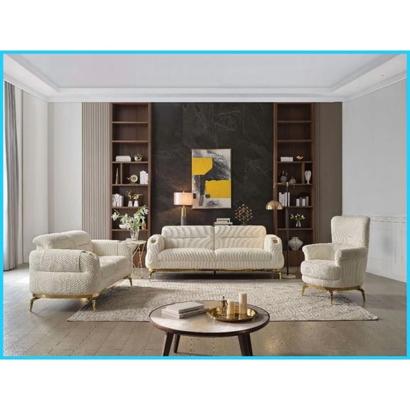 Zoe Modern Cream Chenille 3PC Living Room Set - Sofa, Loveseat, Chair with Gold Accents