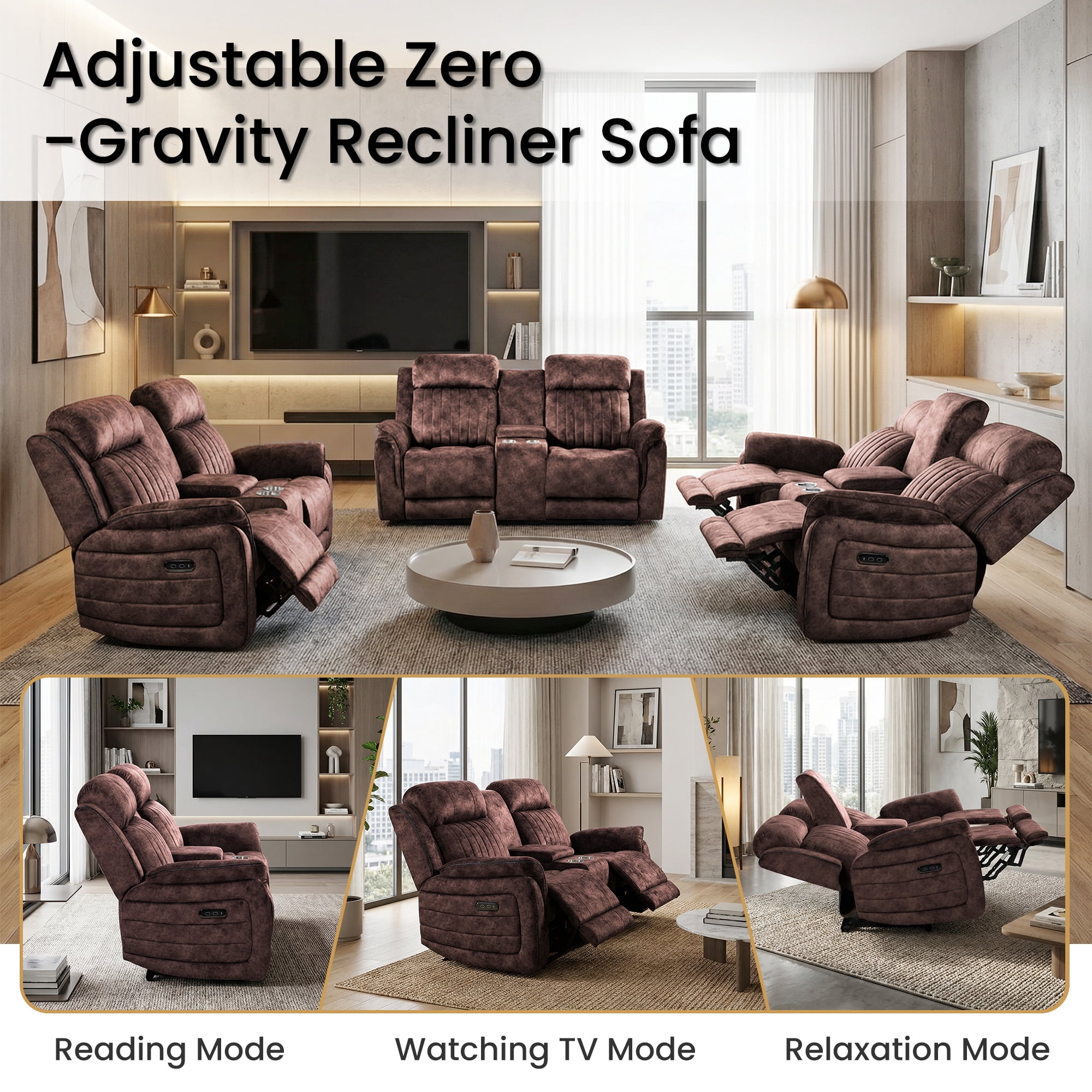 LVUYOYO Power Reclining Loveseat, Zero Gravity Loveseat Sofa with Adjustable Headrest, Storage Console, Cup Holders, Recliner Couch for Living Room (Brown)