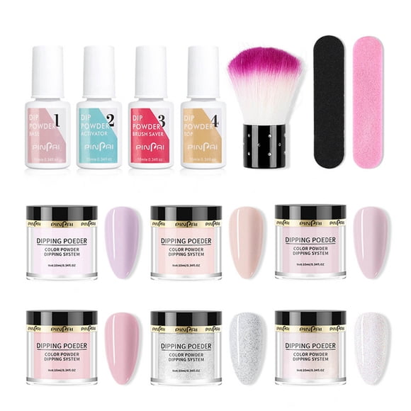 K1214 Professional 13-Piece Dipping Nail Powder Kit with 6 Assorted Colors, Base & Top Coat, Activator, and Brush Saver – Low Odor, Long-Lasting Manicure Solution for Salon-Quality DIY Nail Art at