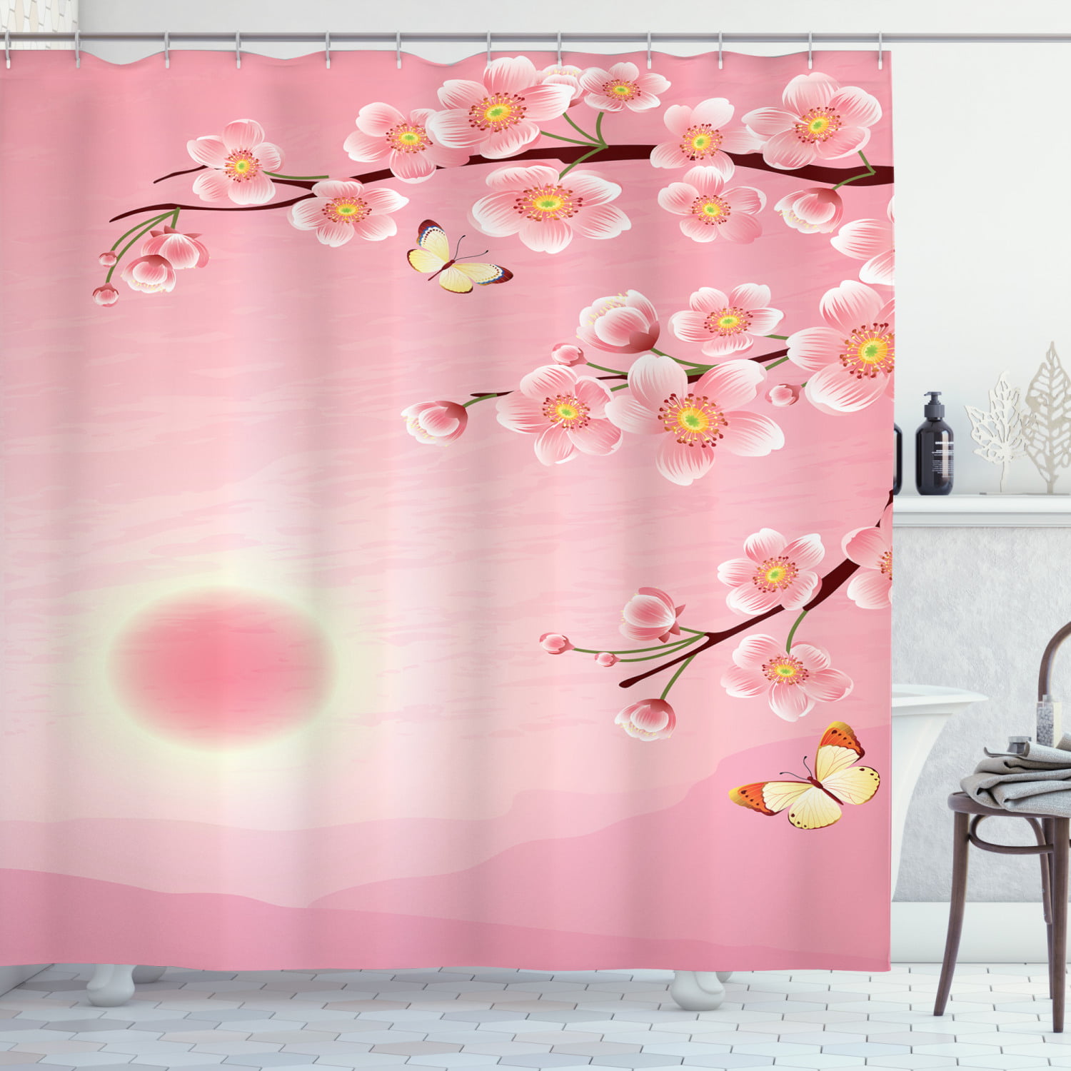 Japan Red Cherry Blossom White Crane Mountain Waterproof Bathroom Shower Curtain 