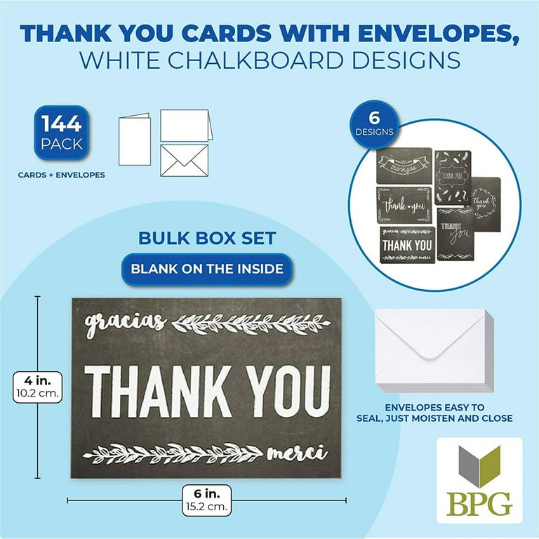 60 Thank You Gold Black White Blue Designed Envelopes Notes Cards Bulk Set  4x6