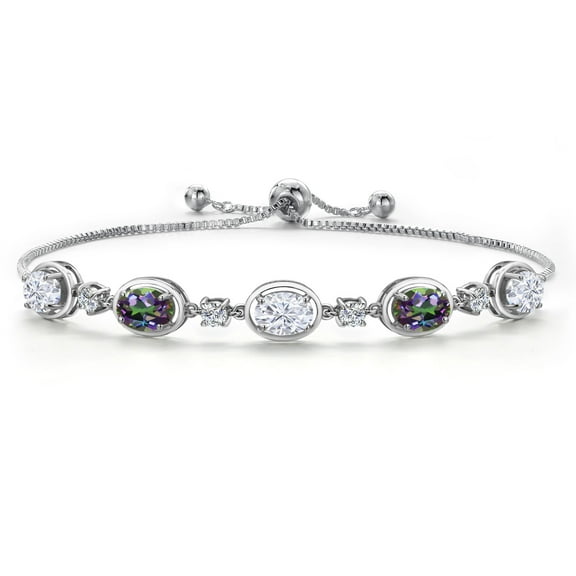 Gem Stone King 925 Sterling Silver White Moissanite and Green Mystic Topaz Bracelet for Women | 4.70 Cttw | Gemstone Birthstone | Oval 7X5MM | Fully Adjustable 9 inch