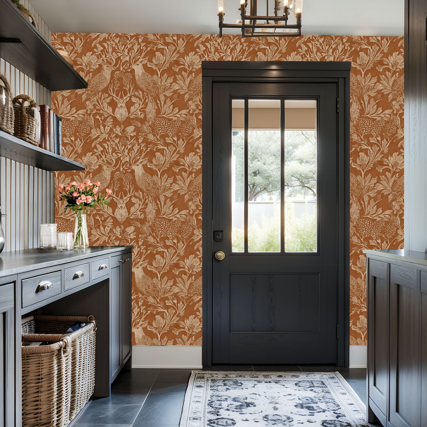 Hunt Peel and Stick Wallpaper 17.7in x 9.8ft Vintage Botanical Wildlife Deer Birds Foliage Warm Contact Paper Vinyl Waterproof Self Adhesive Wall Paper for Bedroom Shelf Cabinet Renter Friendly