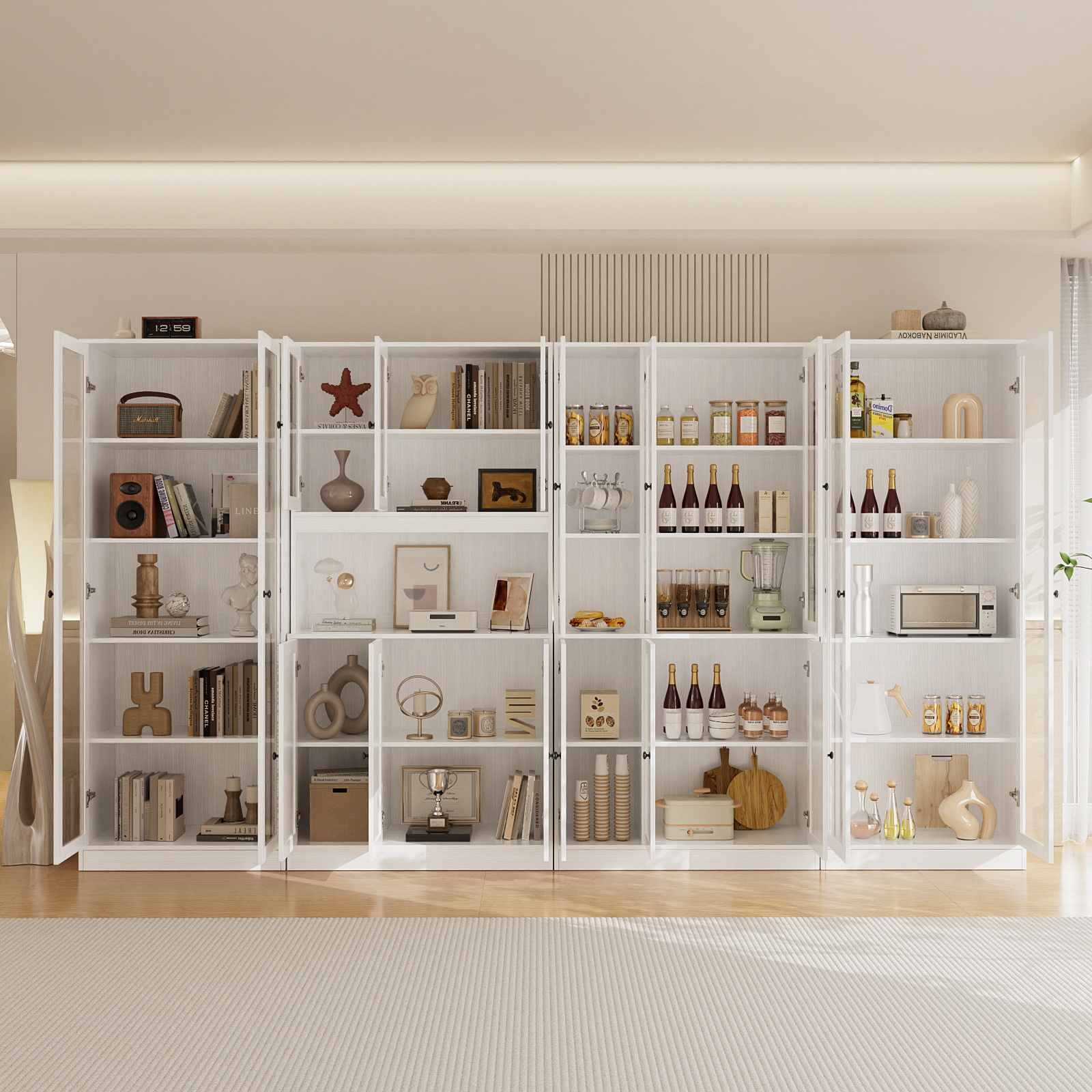RichYa 71"H Display Cabinet with Glass Doors,5 Tier Kitchen Pantry Cabinet with Shelves for Dining Room,Living Room,C(White)