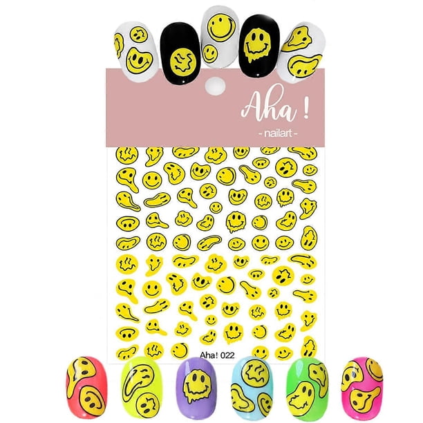 Graffiti Fun Nail Art Stickers Abstract Smiling Face Nail Decals 3D Self-Adhesive Fashion Trend Charm Yellow Twisted Smiling Face Nail Design Nail DIY