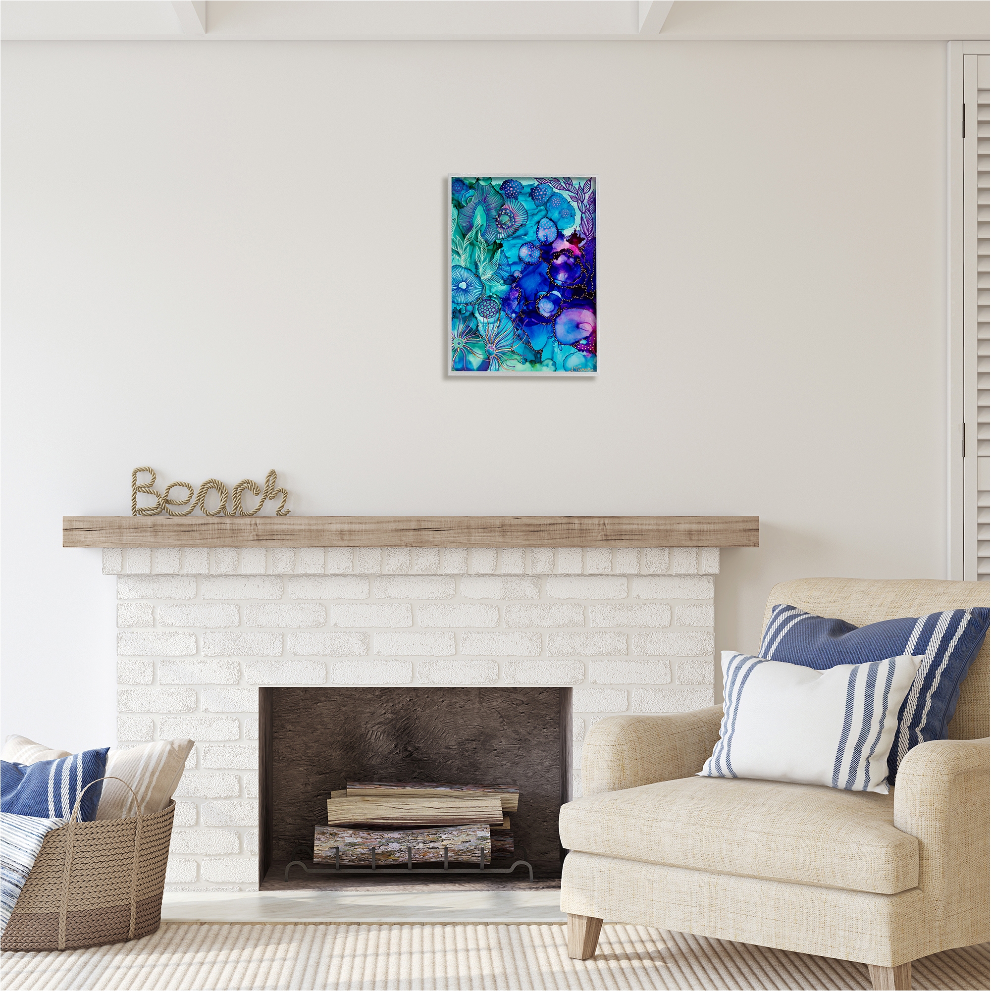 Stupell Industries Blue Modern Sea Life Abstract Painting Gray Framed Art Print Wall Art, 16 x 20