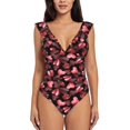 thumbnail image 2 of Yiaed Ladybugs and Red Hearts Print Women's Ruffled One Piece Swimsuit V Neck Swimwear Slimming Monokini for Woman-X-Large, 2 of 8