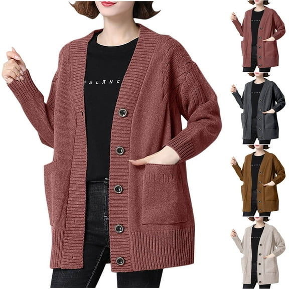 jtjvou Women Chunky Knit Cardigan Sweater Long Sleeve V Neck Button up Cardigan with Pocket Sweaters Coat for Fall Winter Beige Free Size