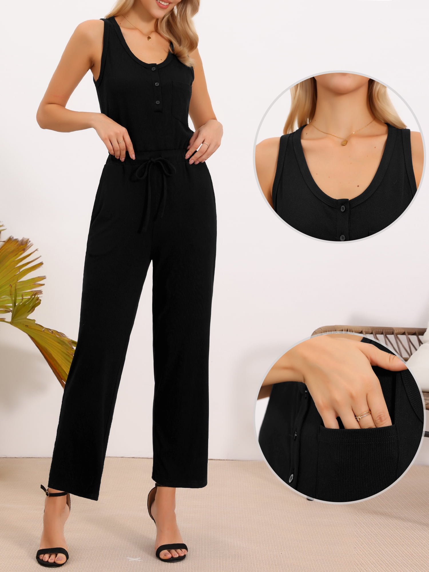 DARING DIVA Women's Casual Sleeveless Crew Neck Wide Leg Pants XL Black