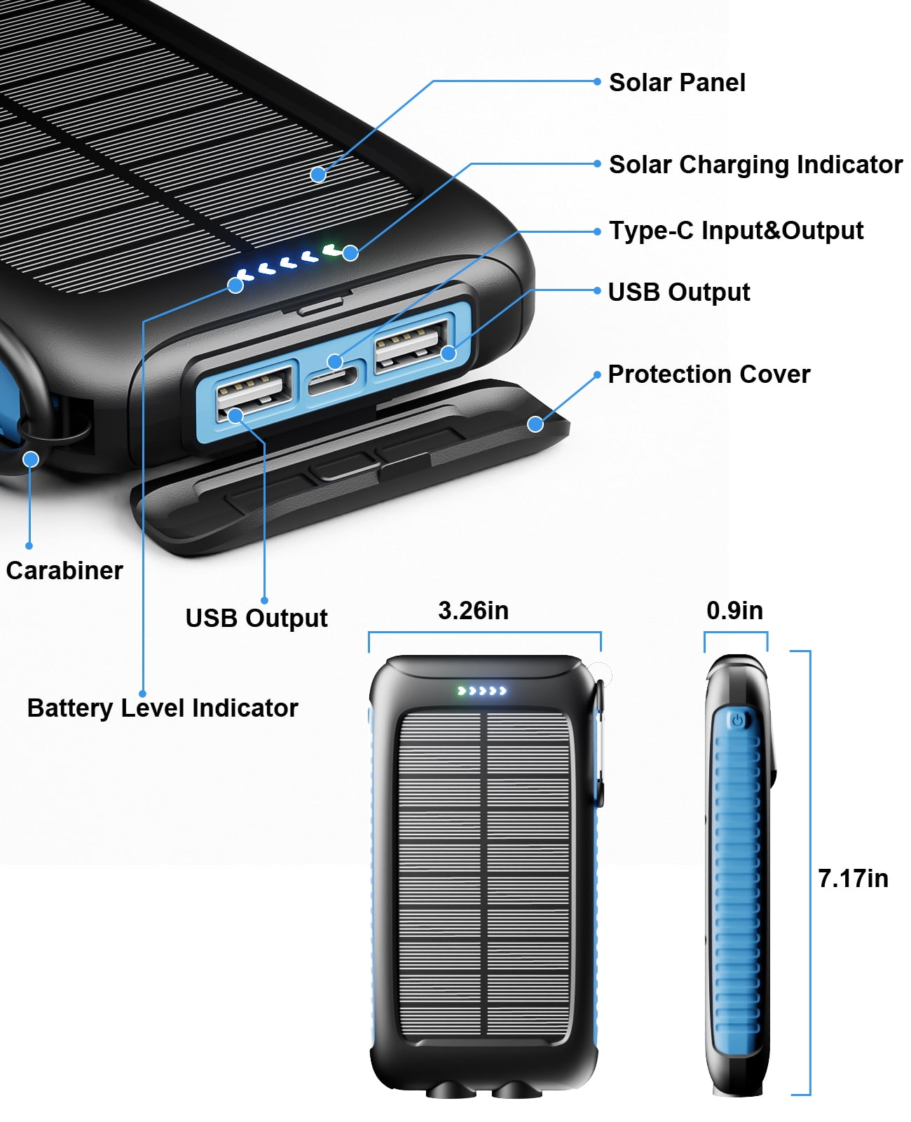 Yelomin 49800mAh Solar Power Bank Portable Charger with Dual 5V USB Ports,2 LED Light Flashlight,Waterproof Battery Pack for iPhone,Android,Suitable for Outdoor Camping Hiking Travel(Blue)