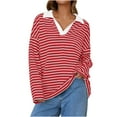 thumbnail image 1 of Penkiiy Chandail en Molleton Rayé Surdimensionné pour Femmes Col en V Manches Longues Automne 2024 Chandail-Over Vêtements Y2K 2TG Rouge, 1 of 6
