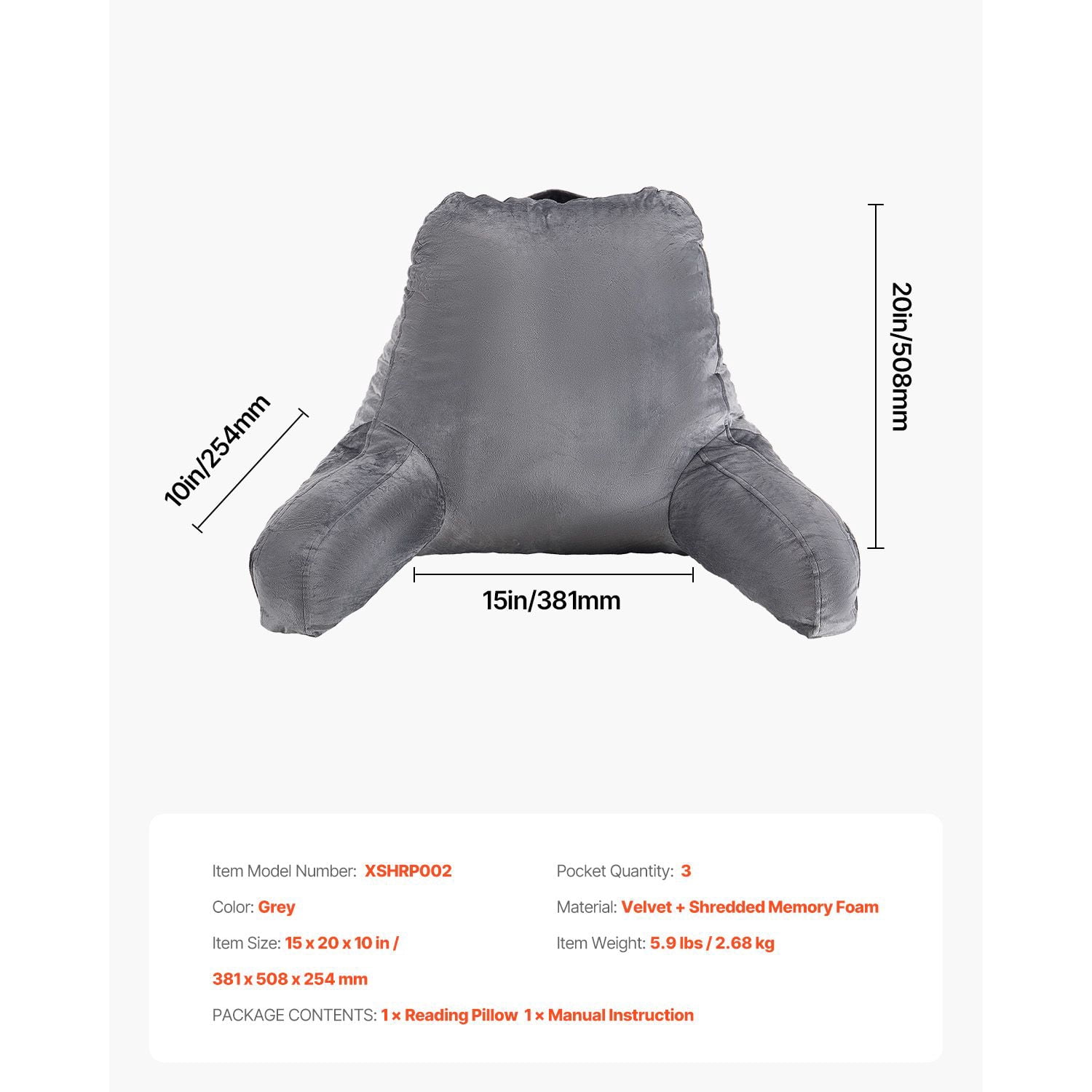 Large Reading Pillow with Memory Foam, 3 Pockets, Dual Zip Lining, Ergonomic Design, Machine Washable Velvet, Portable Handle for Bed Sofa
