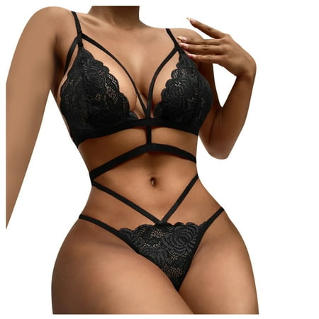 

YDKZYMD Women Sheer Lingerie Babydoll Set Lace Sexy Chemise With Strappy Bodysuit Teddy 2 Pieces Bra And Panty Underwear Set