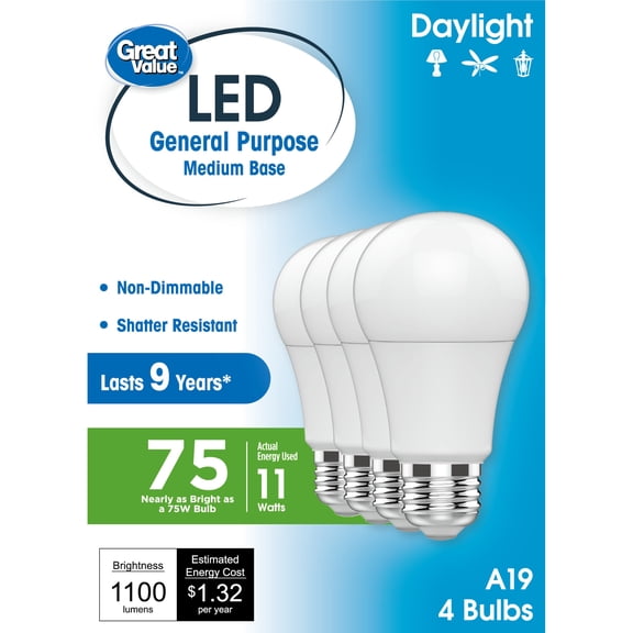 Great Value A19 LED Light Bulbs, 75 Watts Eqv, Daylight, General Purpose, 9yr, Medium Base, 4 pack