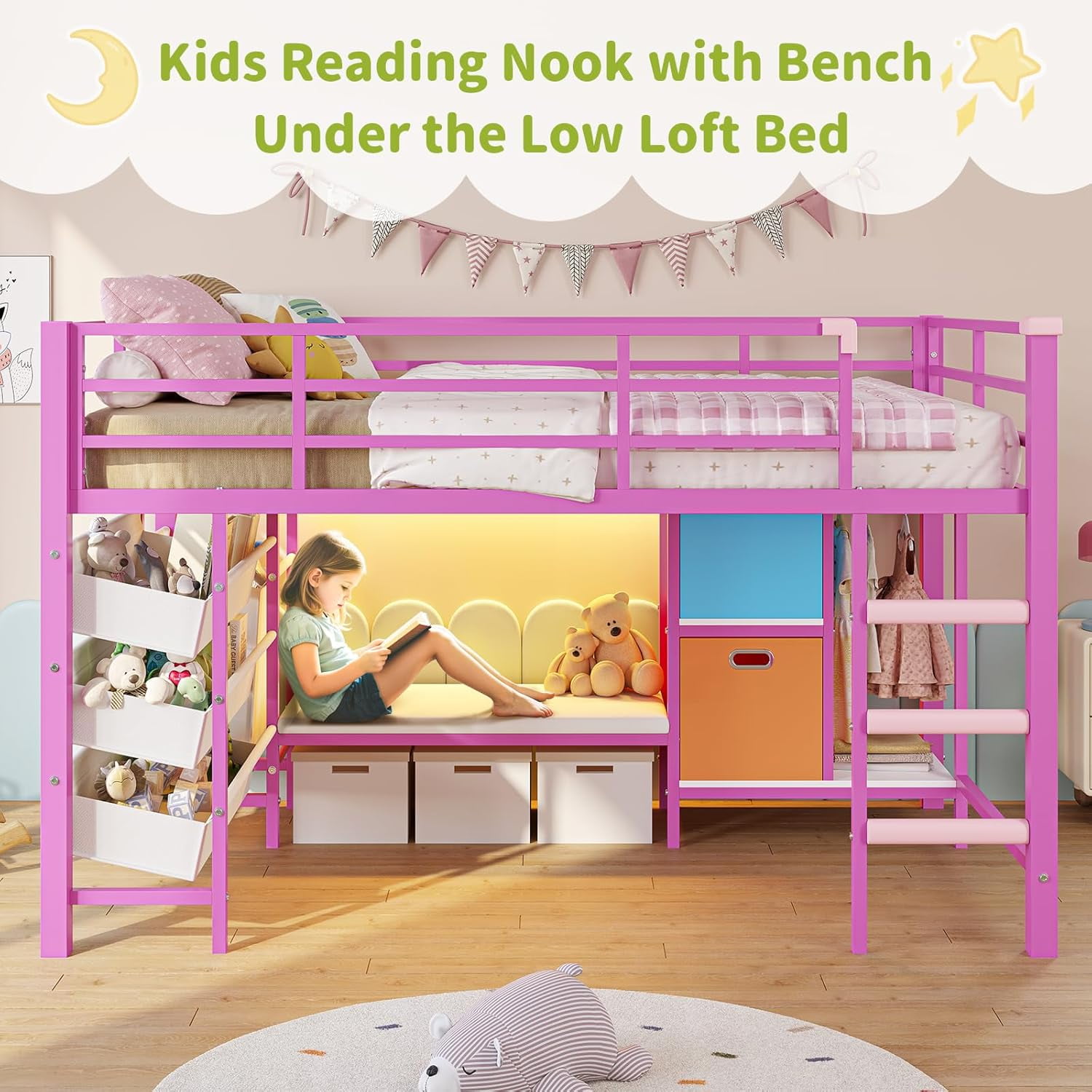 Mabor Twin Size Loft Bed with LED Lights & Reading Bench, Metal Loft Bed Frame with Bookshelf & Storage Basket & Stairs & Full-Length Guardrail for Bedroom, Pink