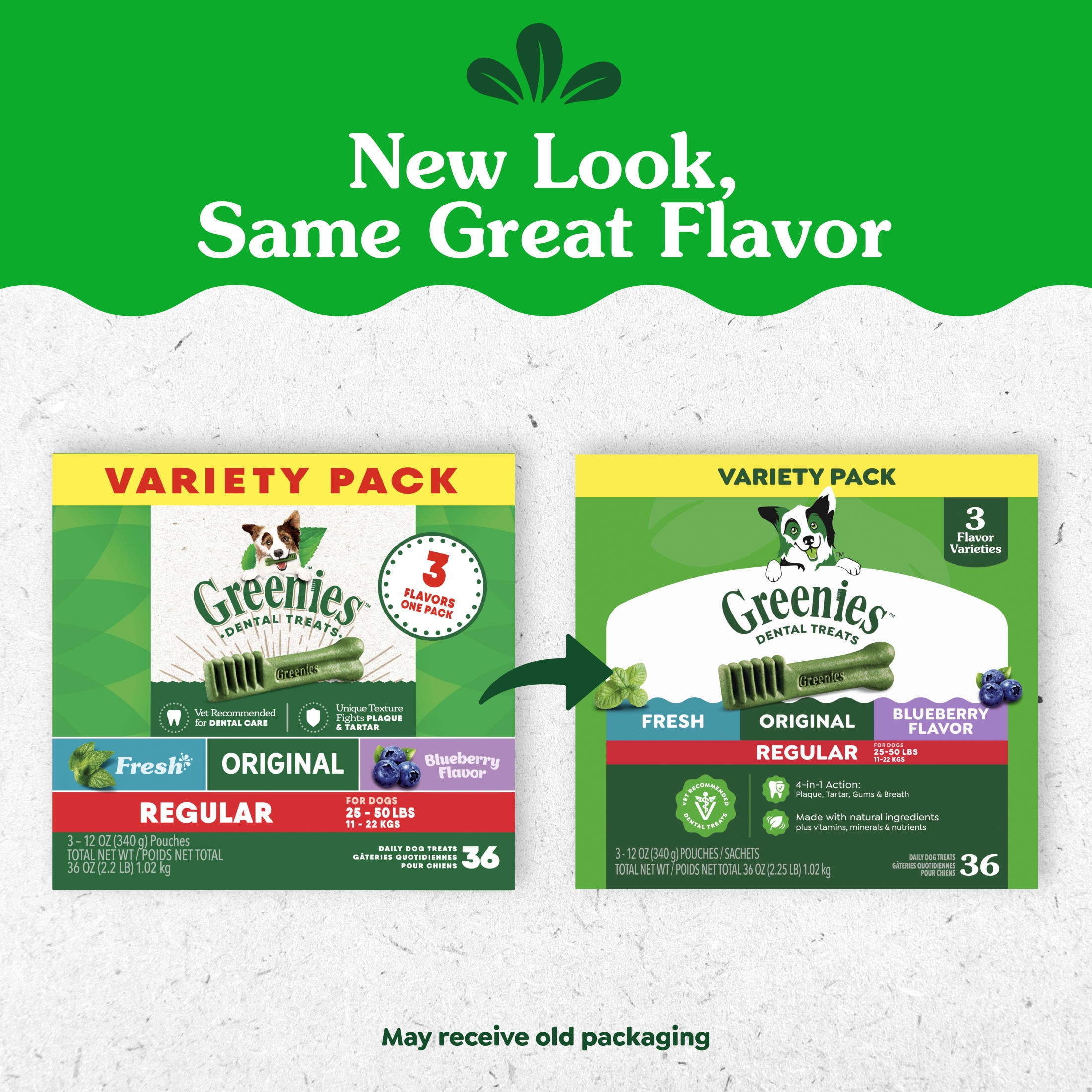 Greenies Adult Natural Dental Dog Treats 3 Flavors, Regular Size, (3) 12 oz Packs (36 Count)