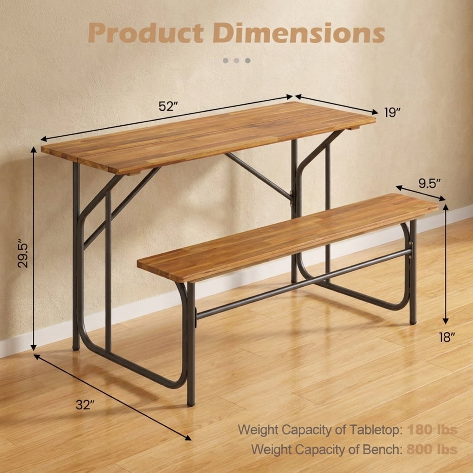 Biotree Acacia Wood Patio Picnic Table and Bench Set for 2 People One-Side Outdoor Table for Garden Deck and Backyard Dining, Black