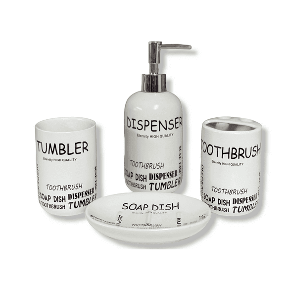 Empire 4-Piece Ceramic Bathroom Accessory Set - Written Name - White & Gray (Toothbrush Holder, Soap Dispenser, Soap Dish, Tumbler)