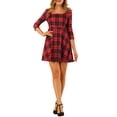 thumbnail image 1 of INSPIRE CHIC Robe Décontractée à Carreaux Col Carré Manches Courtes Rouge G, 1 of 6