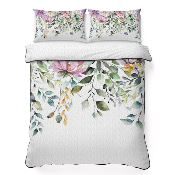 Full Quilt Set 78''x90'', Eucalyptus Flower Lightweight Bedspread Coverlet Set with 2 Pillow Shams, Sage Green Botanical Boho Leaf Pink Breathable All Season Quilt Bedding for Bedroom/Guest Room