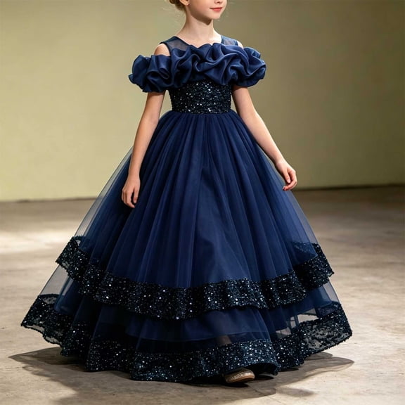 LEKWK Girls Sparkly Princess Dress Sequin Ruffles Sleeve Tulle Ball Gown Off Shoulder Tiered Pageant Dresses for Birthday Party Stage Performance Costume