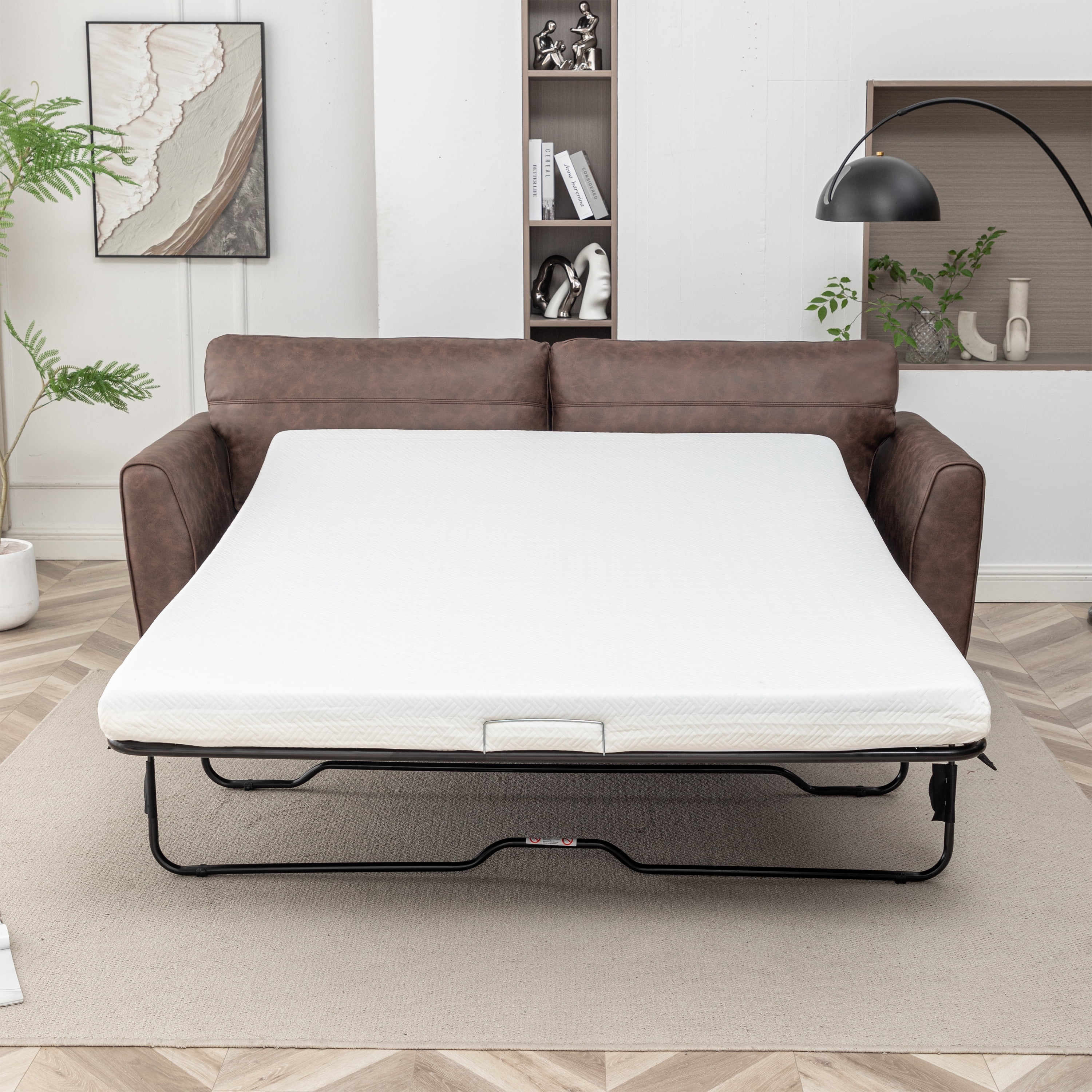 Luna Mid-Century Modern Pullout Sofa Bed with 4" Gel Mattress, Brown