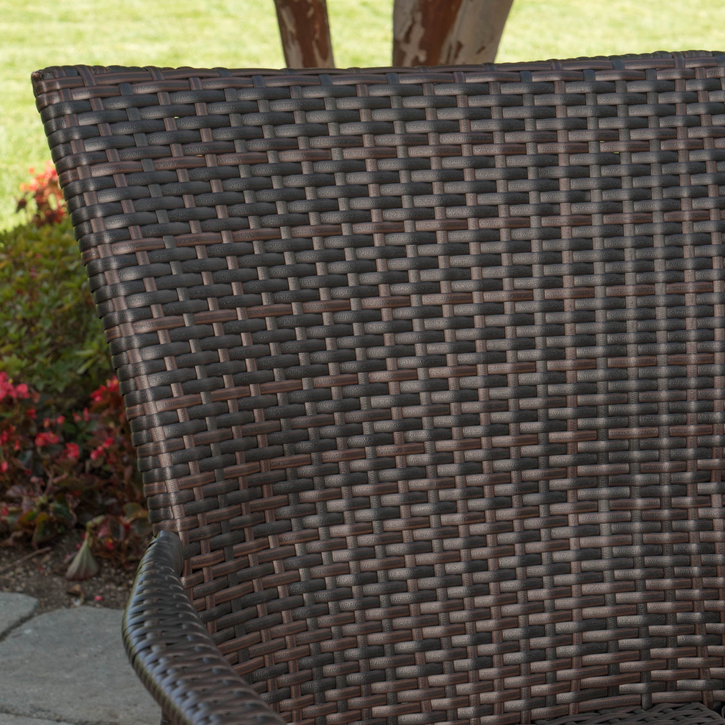 Garrett Outdoor 6 Piece Acacia Wood Dining Set with Wicker Stacking Chairs, Teak Finish, Multibrown