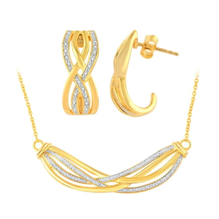 1/4 Carat Diamond Sterling Silver 14K Gold Plate Fashion Hoop Earring and Necklace Set