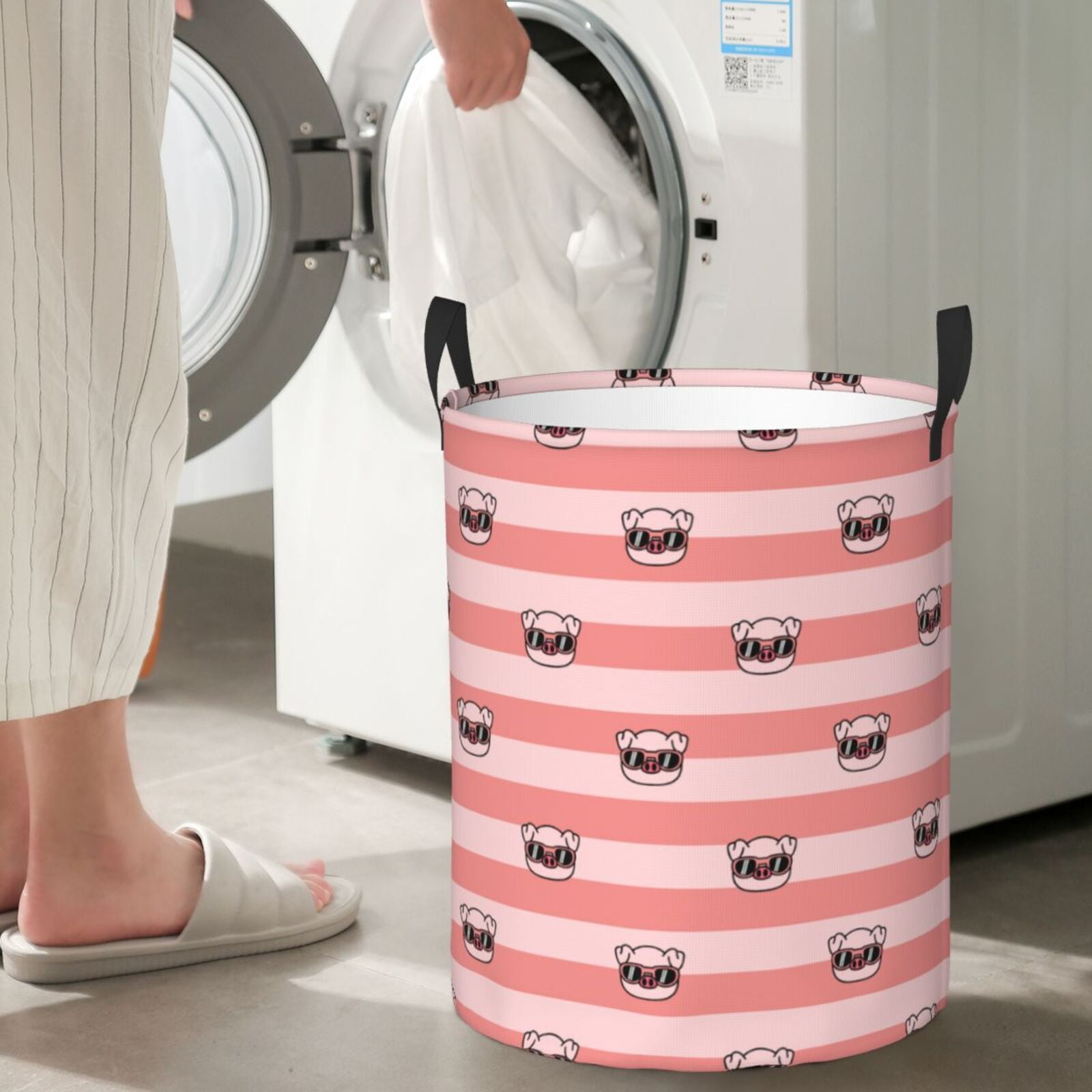 Large Laundry Basket with Handles - Striped Cute Glasses Pig Pink Kids Baby Dirty Clothes Laundry Hamper for Bedroom Aesthetic