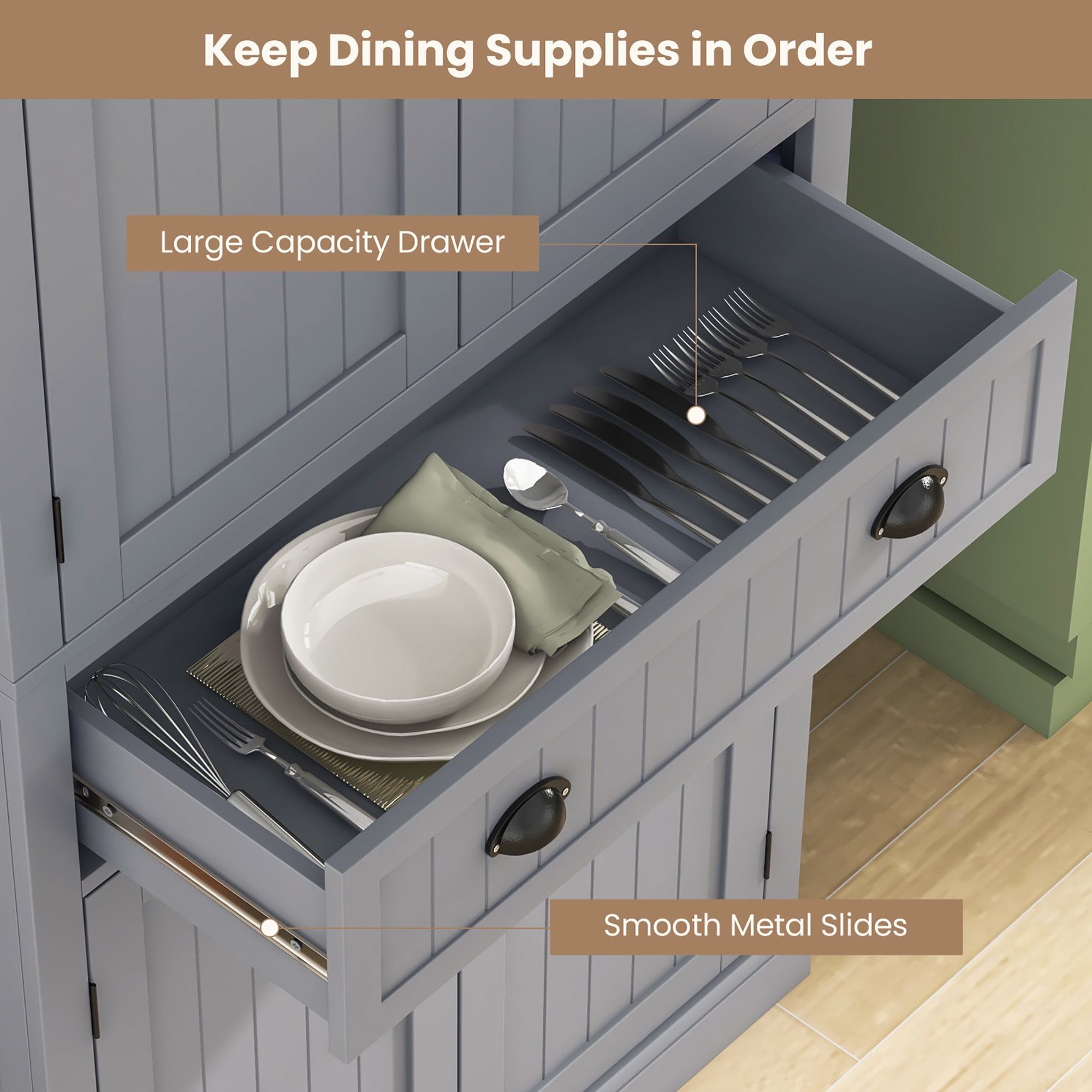 Gymax 72'' Kitchen Pantry Storage Cabinet Tall Freestanding Cupboard w/ 4 Doors Large Drawer Gray