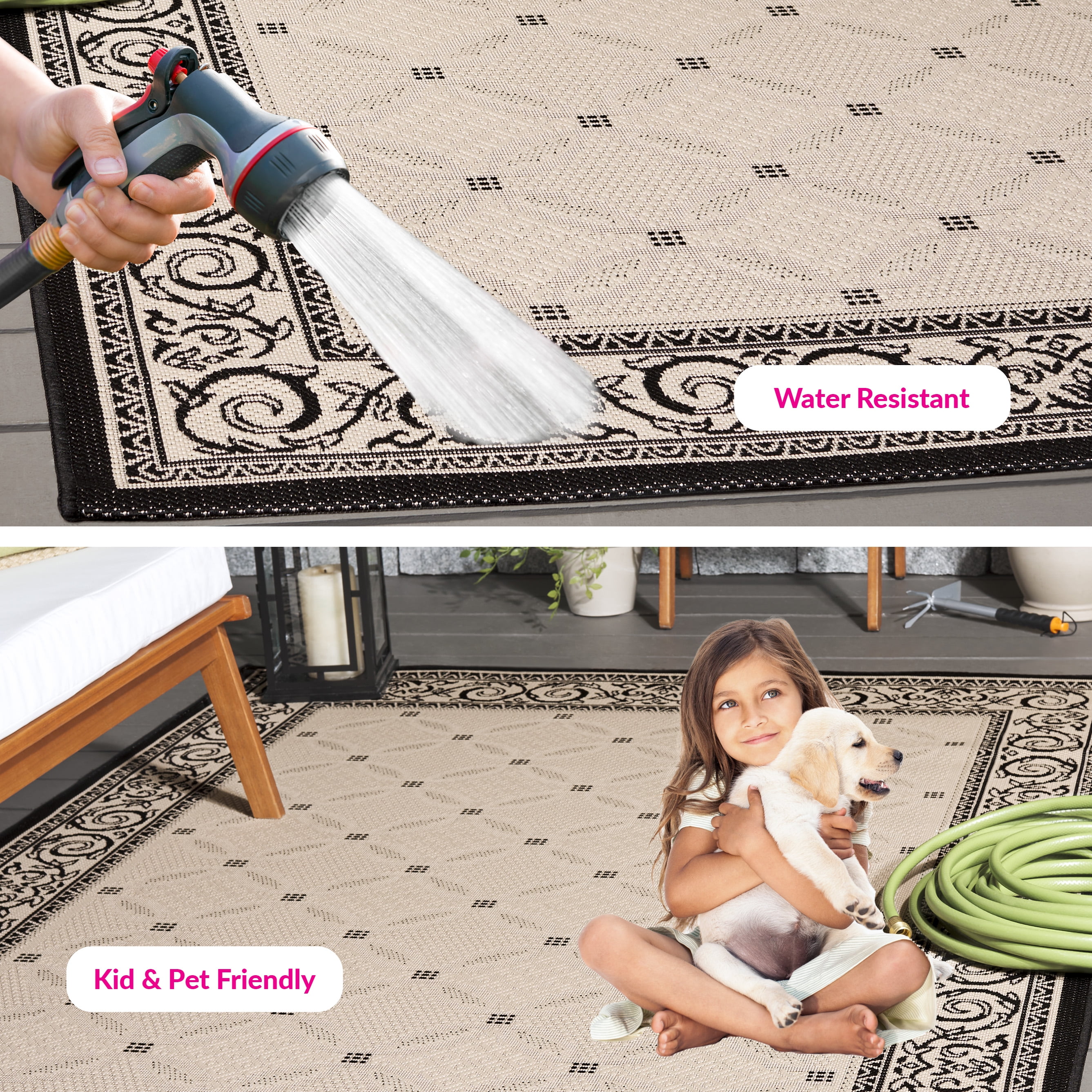 Safavieh Courtyard Gaus Oriental Indoor/Outdoor Area Rug, Sand/Black, 8' x 11'