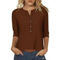 thumbnail image 3 of SROBPTY Womens Fall Top, 3/4 Sleeve Shirts for Women, Women's Casual Loose Button V Neck 3/4 Sleeve T-shirt Top Coffee,L, 3 of 5