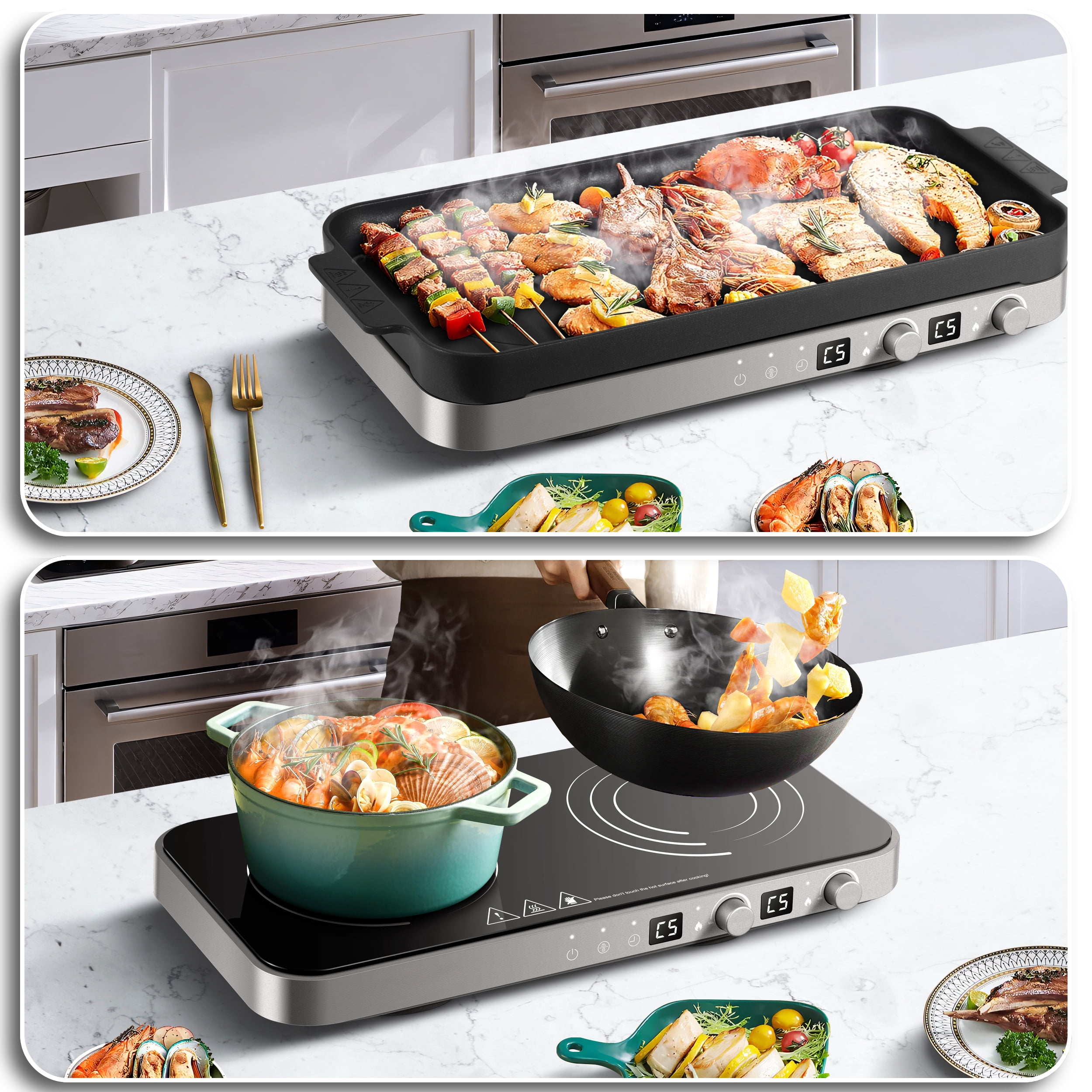 Sunmaki Portable Double Induction Cooktop with Removable Griddle Pan Non-stick, 1800W 2 burner Induction Hot Plate With Sensor Touch 9 Power Levels, 99 Min Timer,Great for Family Party