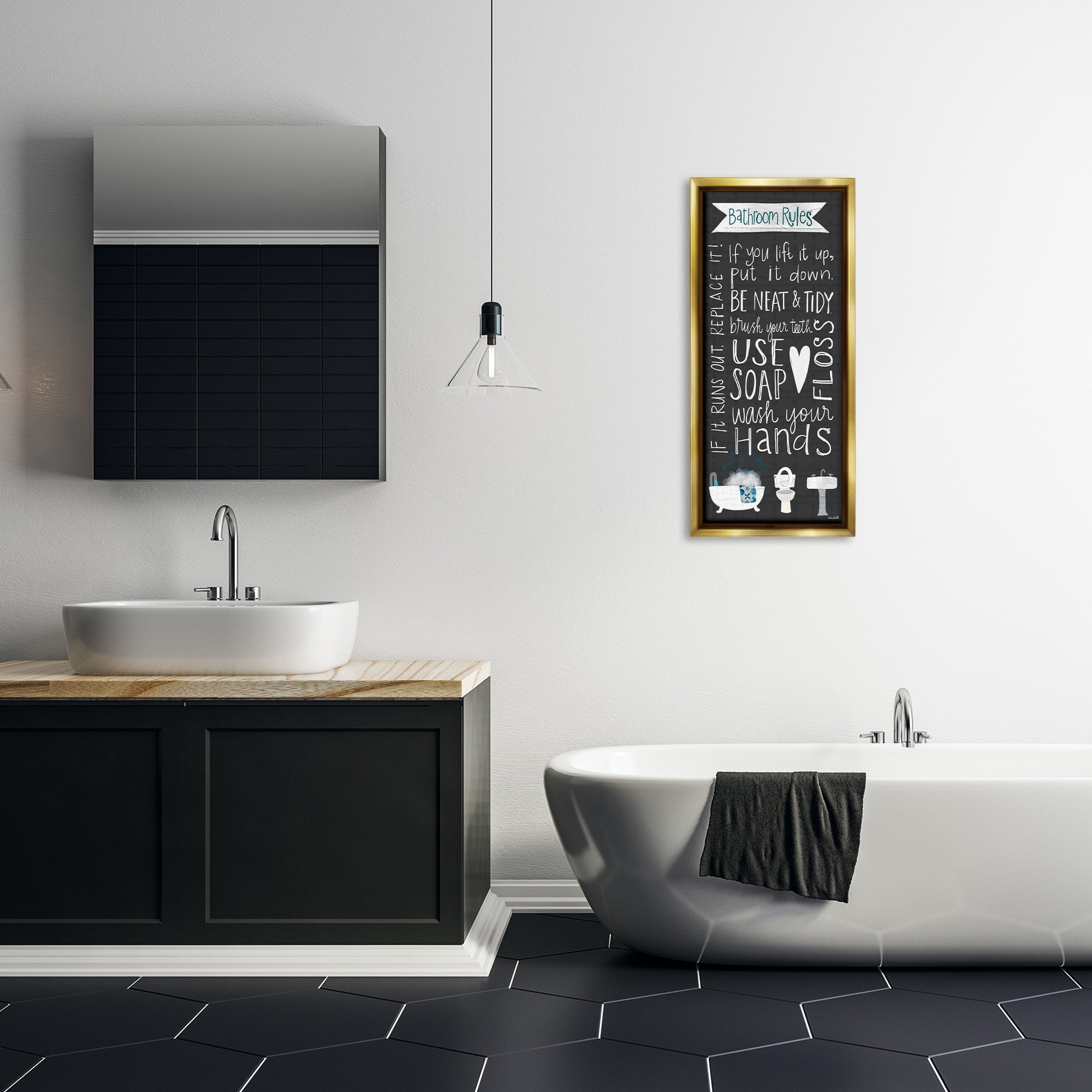 Stupell Industries Whimsical Bathroom Rules Sign Typography Painting Gold Floater Framed Canvas Art Print Wall Art, 15 x 31