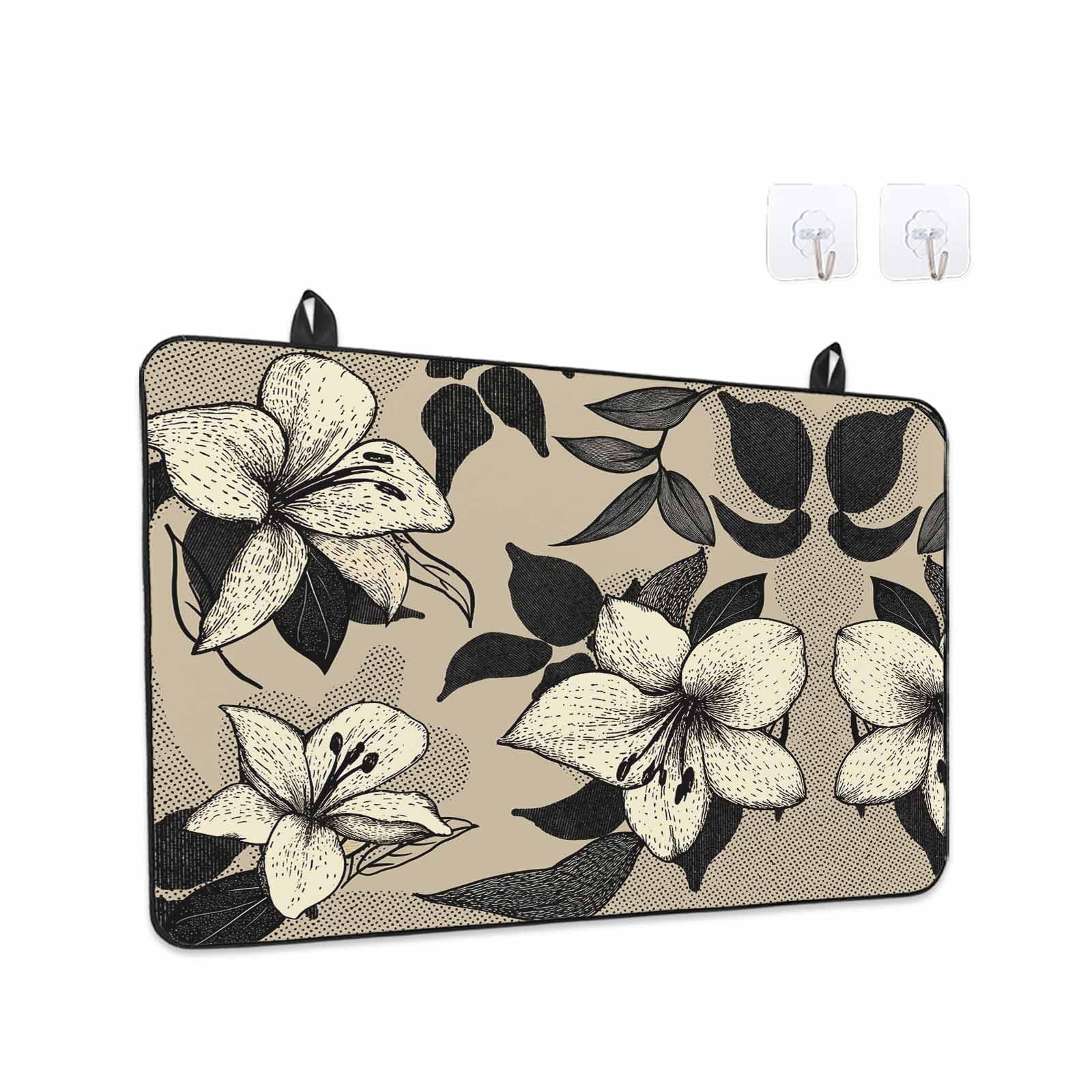 Black Floral Stove Top Cover for Electric Stove, Heat-proof & Non Slip Glass Top Stove Cover Protector, Vintage Khaki Floral Retrp Plant Leaf Kitchen Flat Cooktop Rubber Mat 24x21 Inches