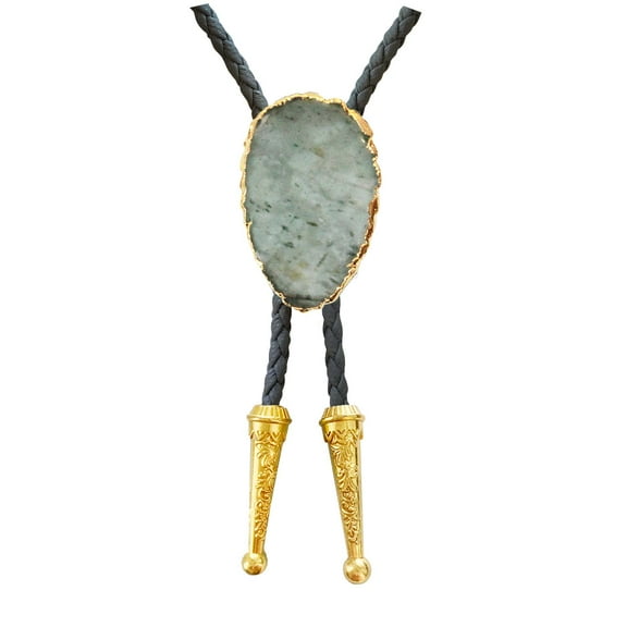 Daisy Del Sol Aquamarine Stone Bolo Tie Braided Vegan Faux Leather Gold Tips Handmade Necklace Adjustable Boho Bohemian Western Jewelry