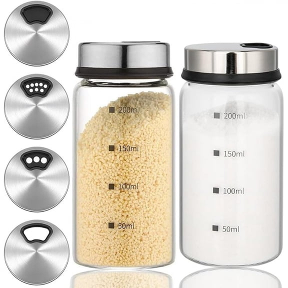 2 Pack 200ml Salt and Pepper Shakers, Salt Shaker with Adjustable Pour Holes, Spice Shaker, Glass Seasoning Shaker with Stainless Steel Lid, Spice Container for Kitchen