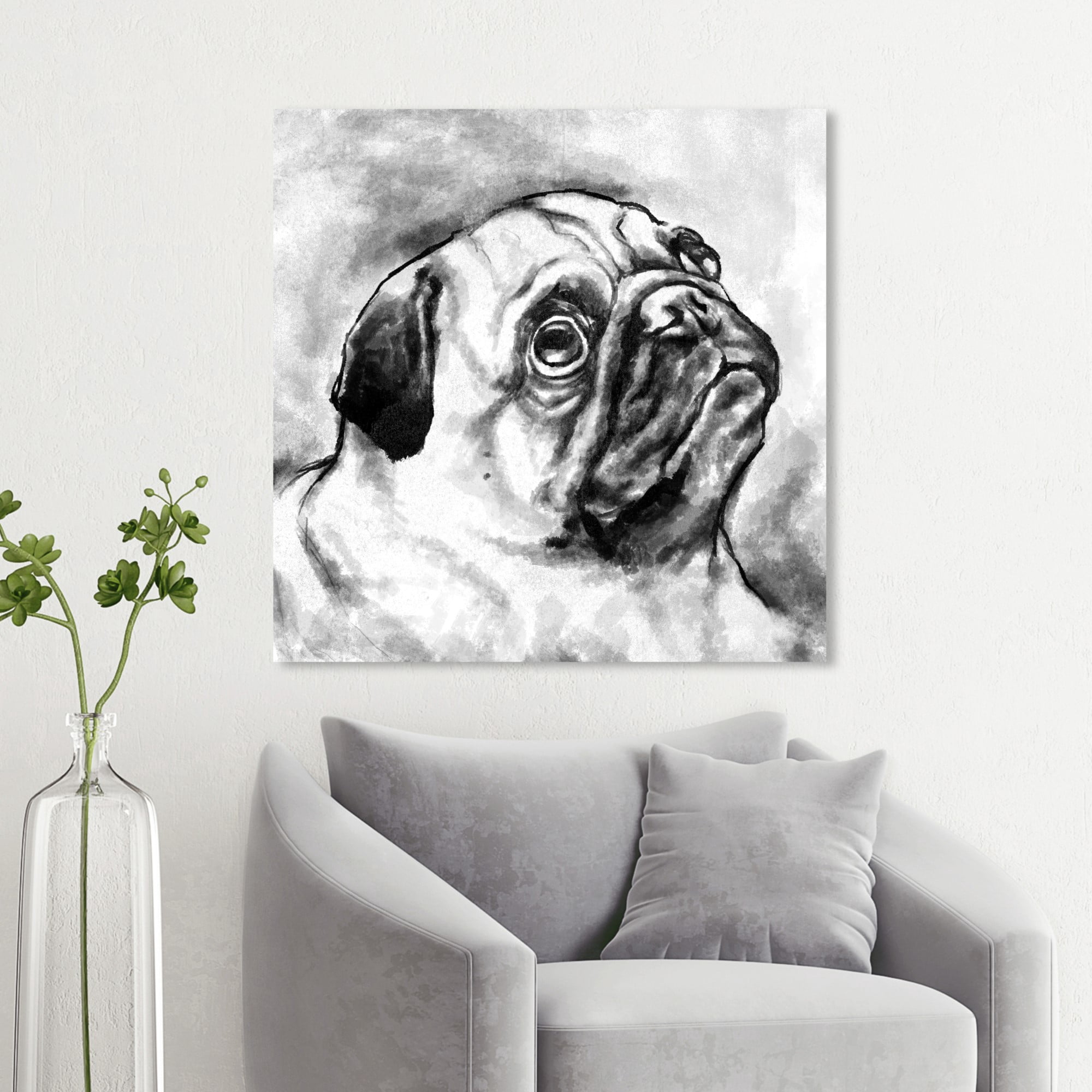 Wynwood Studio 'Pug' Animals Wall Art Canvas Print - Black, White, 30" x 30"