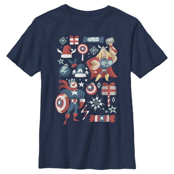 Boy's Marvel Christmas Festive Hero Icons  Graphic Tee Navy Blue X Small