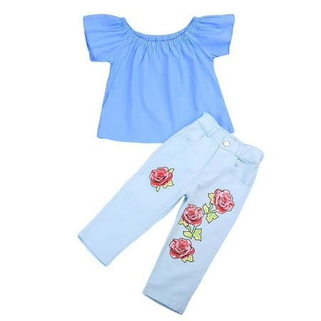 - New Kids Baby Girl Outfit Off Shoulder Shirt T-shirt Tops+Long Pants Jeans Baby Clothes